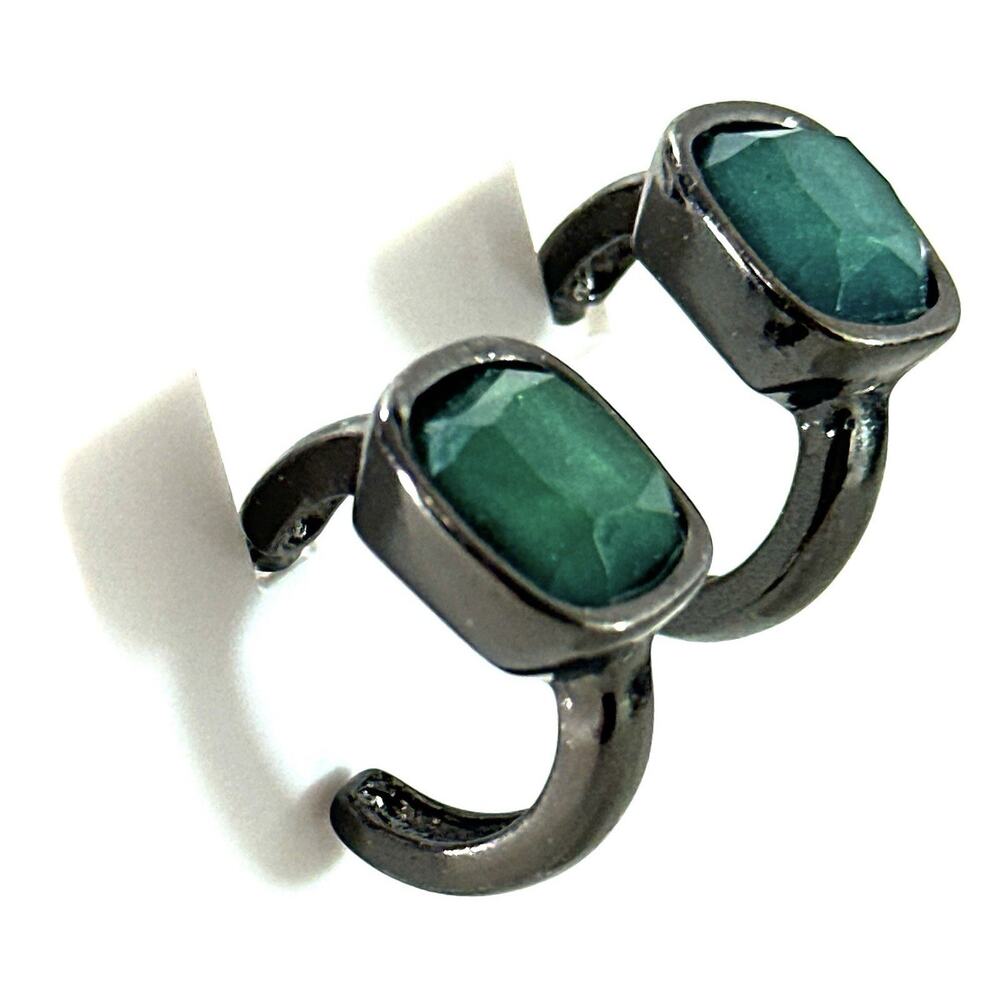 Gunmetal Tone Green Cushion Cut Stone Earrings Modern Minimalist Pierced - Picture 2 of 6